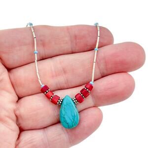 Vintage Sterling Silver 925 Liquid Silver Turquoise Coral Necklace 15.5"-17"